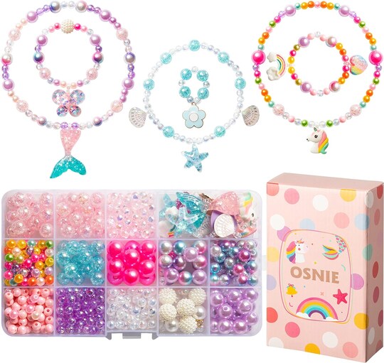 Unbranded; Kids DIY Bead Jewelry Making Kit with 400+ Beads & Charms for Creative Bracelets Necklaces Rings, Children Mermaid Starfish Shell Princess Necklace Bracelets Making Art Craft Bead Kit for Girls; Category:Jewelry Cording; Image:1